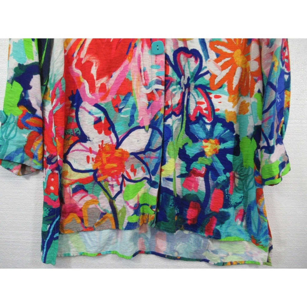 Ali Miles Floral Top Women Medium 3/4 Sleeve Art to Wear Hi Low - Picture 3 of 6